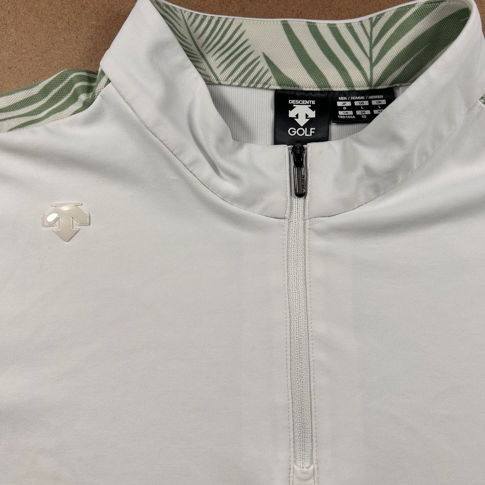 Descente Golf Premium Half-Zip Polo Shirt Mens L White Green Palm Print DGMVJA18